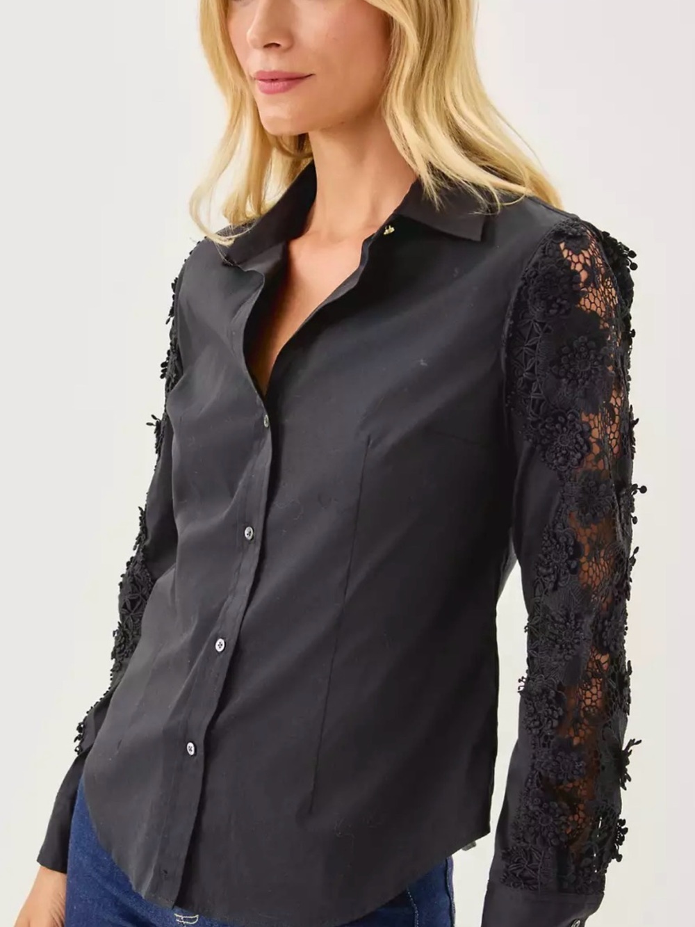 NEW Lilly Pulitzer Black Button-Down Shirt with Lace Sleeves Black Size Large